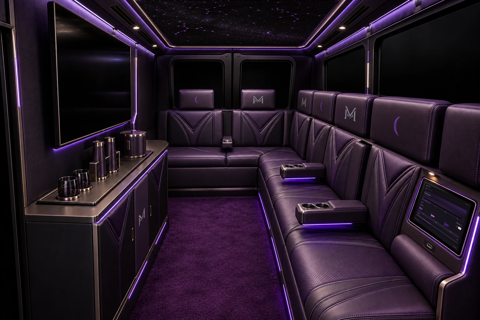 Concept rendering looking toward the rear of Phantom’s purple lounge, with an L-shaped leather sofa, alternating M and crescent headrest embroidery, an integrated guest tablet, a bar beneath a large screen, and a constellation ceiling